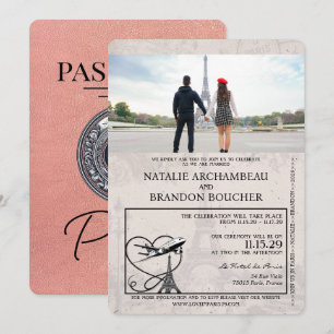 Convites Casamento de Passaporte de Paris rosa Dourado