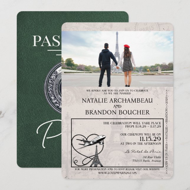 Convites Casamento de Passaporte de Paris Verde (Frente/Verso)