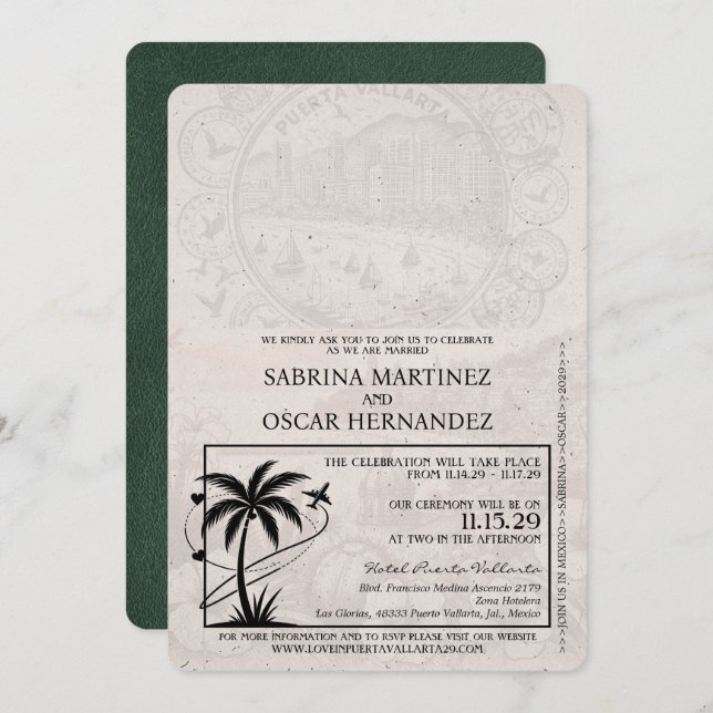 Convites Casamento de Passaporte de Puerta Vallarta Verde (Frente/Verso)