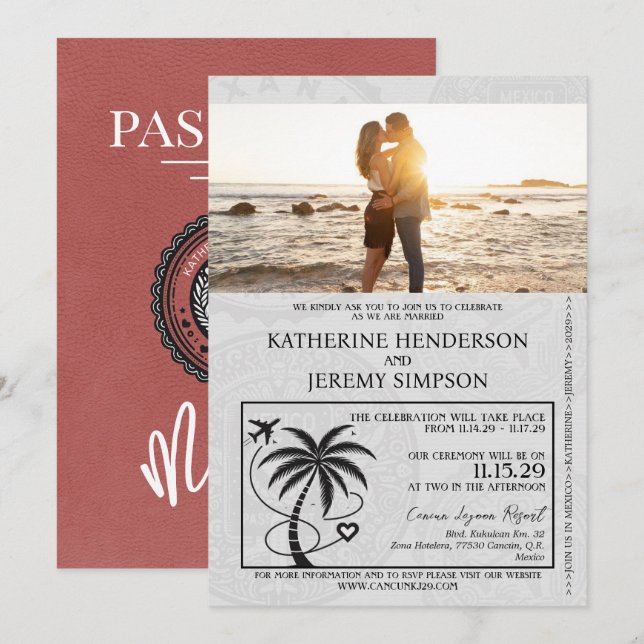 Convites Casamento de Passaporte do México Light Burgundy (Frente/Verso)