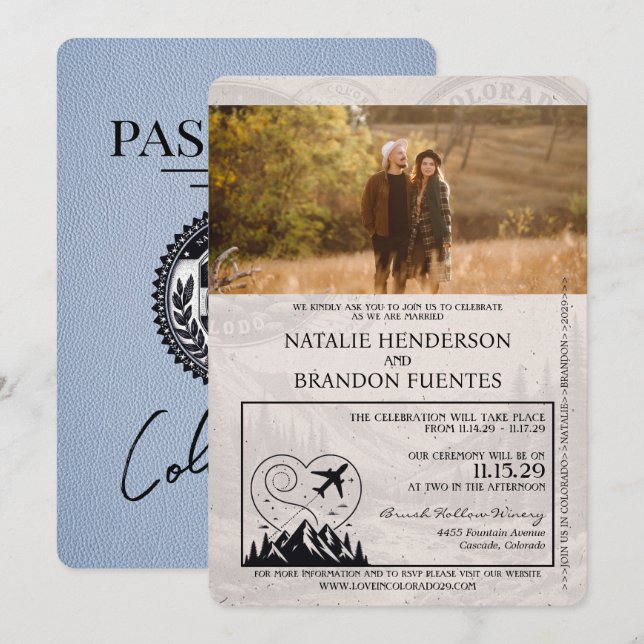 Convites Casamento de Passaporte Dusty Blue Colorado (Frente/Verso)