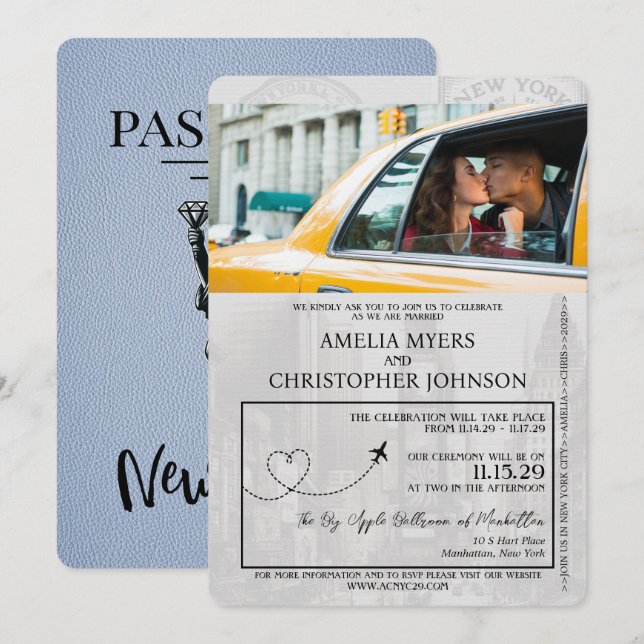 Convites Casamento de Passaporte Dusty Blue Nova Iorque (Frente/Verso)