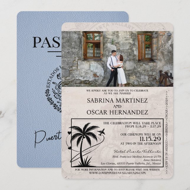 Convites Casamento de Passaporte Dusty Blue Puerta Vallarta (Frente/Verso)