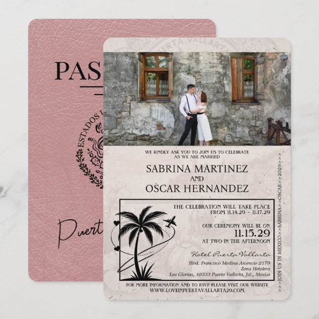 Convites Casamento de Passaporte Dusty Rosa Puerta Vallarta (Frente/Verso)