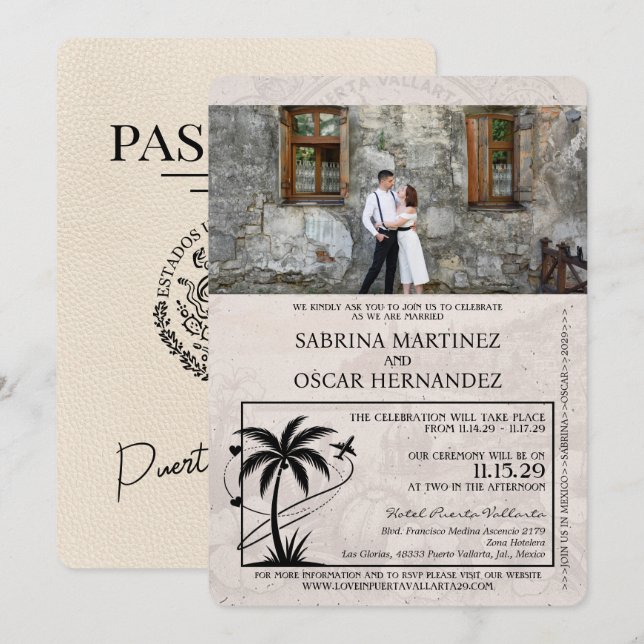 Convites Casamento de Passaporte Ivory Puerta Vallarta (Frente/Verso)