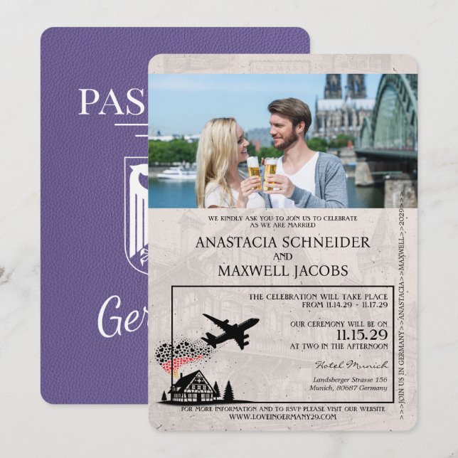 Convites Casamento de Passaporte Lilac Purple Alemanha (Frente/Verso)