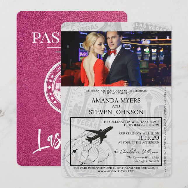 Convites Casamento de Passaporte Magenta Las Vegas (Frente/Verso)