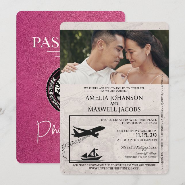 Convites Casamento de Passaporte Magenta Pink Filipinas (Frente/Verso)