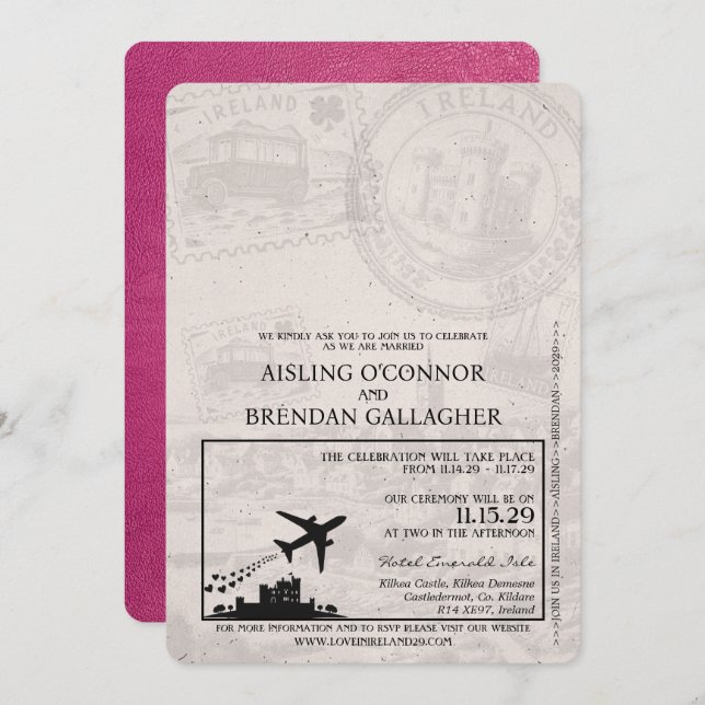 Convites Casamento de Passaporte Magenta Pink Ireland (Frente/Verso)