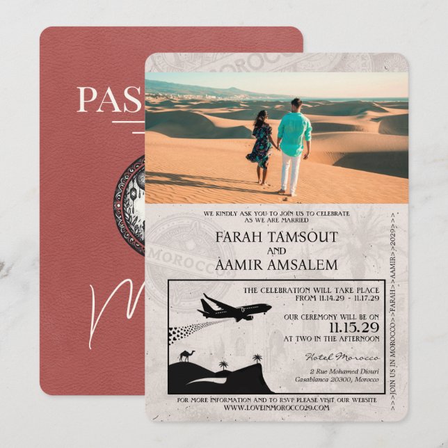 Convites Casamento de Passaporte Marrocos Light Burgundy (Frente/Verso)