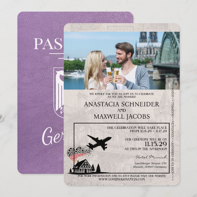 Convites Casamento de Passaporte na Alemanha com lavanda Ro (Frente/Verso)