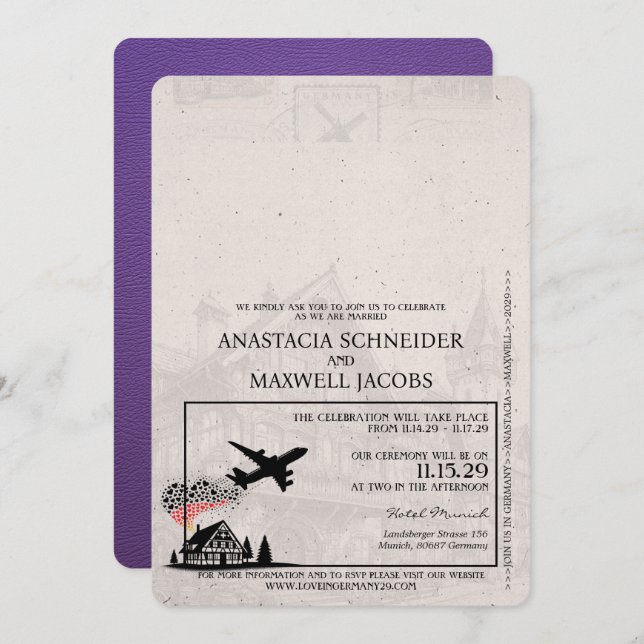 Convites Casamento de Passaporte na Alemanha Roxa (Frente/Verso)