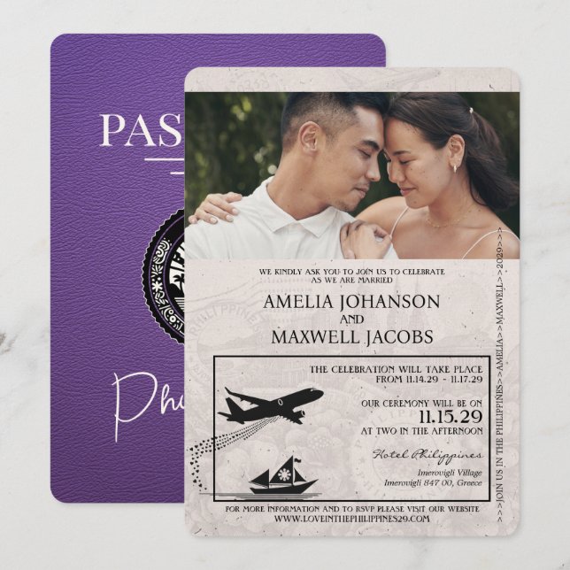 Convites Casamento de Passaporte nas Filipinas Roxo (Frente/Verso)