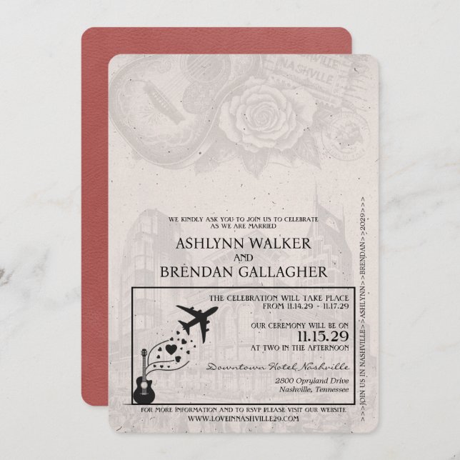 Convites Casamento de Passaporte Nashville Light Burgundy (Frente/Verso)