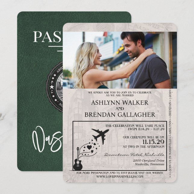 Convites Casamento de Passaporte Nashville Verde (Frente/Verso)