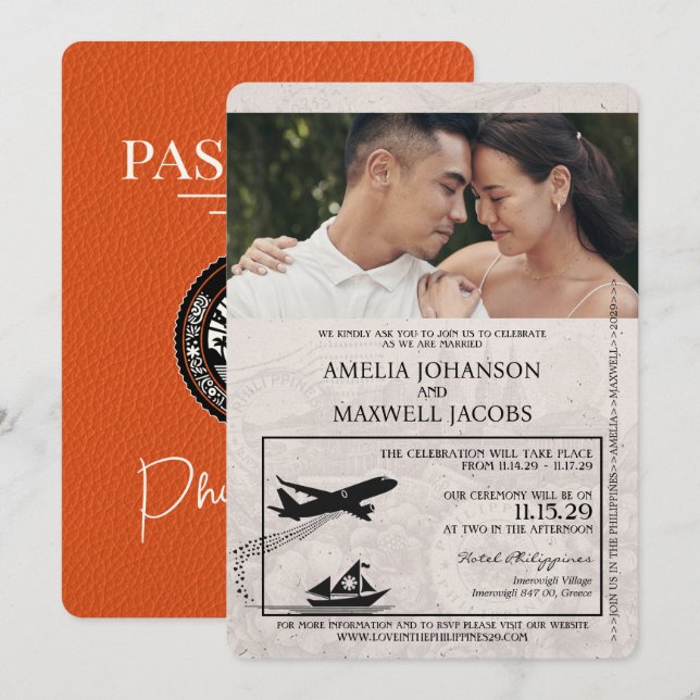 Convites Casamento de Passaporte Orange Filipinas (Frente/Verso)