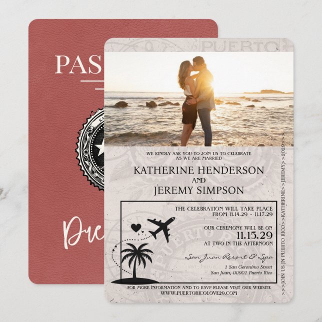 Convites Casamento de Passaporte Porto Rico Light Burgundy (Frente/Verso)
