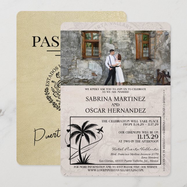 Convites Casamento de Passaporte Puerta Vallarta (Frente/Verso)