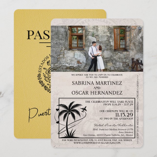 Convites Casamento de Passaporte Puerta Vallarta Amarelo (Frente/Verso)