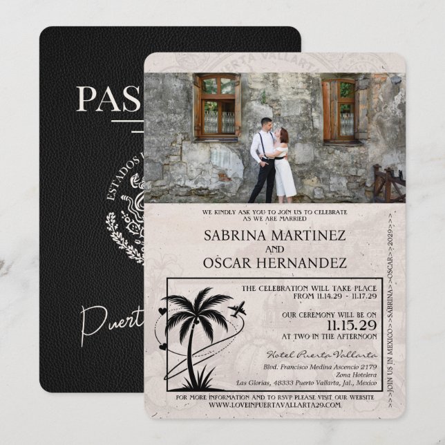 Convites Casamento de Passaporte Puerta Vallarta Black (Frente/Verso)