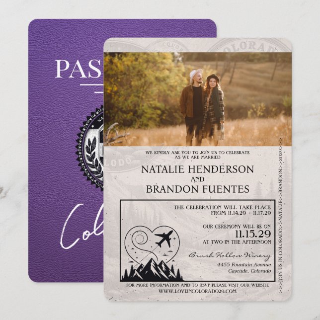 Convites Casamento de Passaporte Purple Colorado (Frente/Verso)