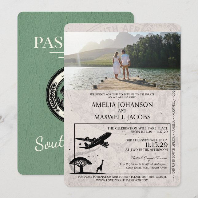 Convites Casamento de Passaporte Sage Green Africa do Sul (Frente/Verso)