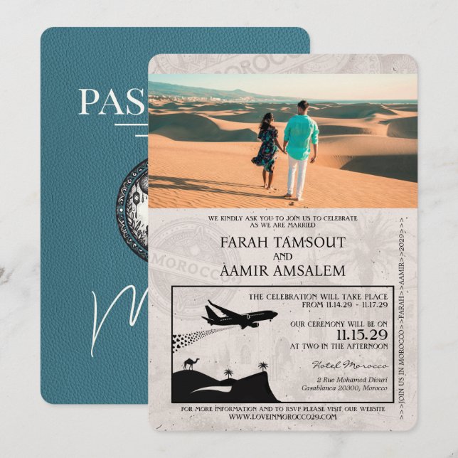 Convites Casamento de Passaporte Teal Marrocos (Frente/Verso)