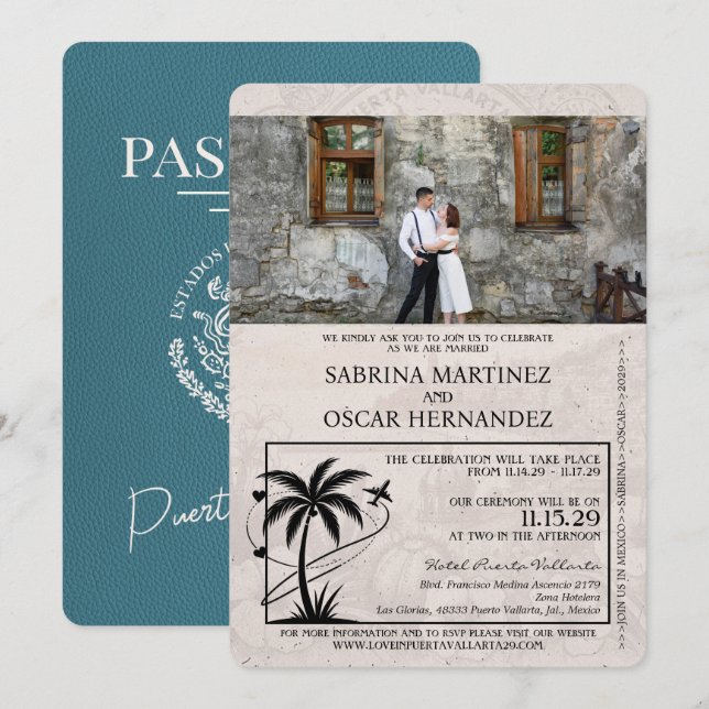 Convites Casamento de Passaporte Teal Puerta Vallarta (Frente/Verso)