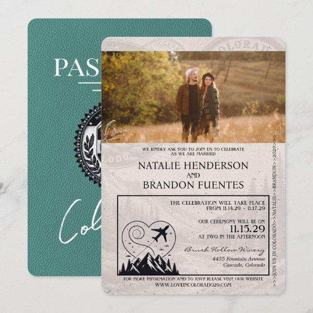 Convites Casamento de Passaporte Turquoise Colorado (Frente/Verso)