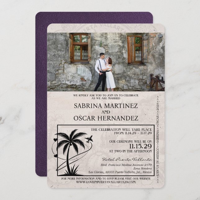 Convites Casamento de Passaporte Violet Purple Puerta Valla (Frente/Verso)