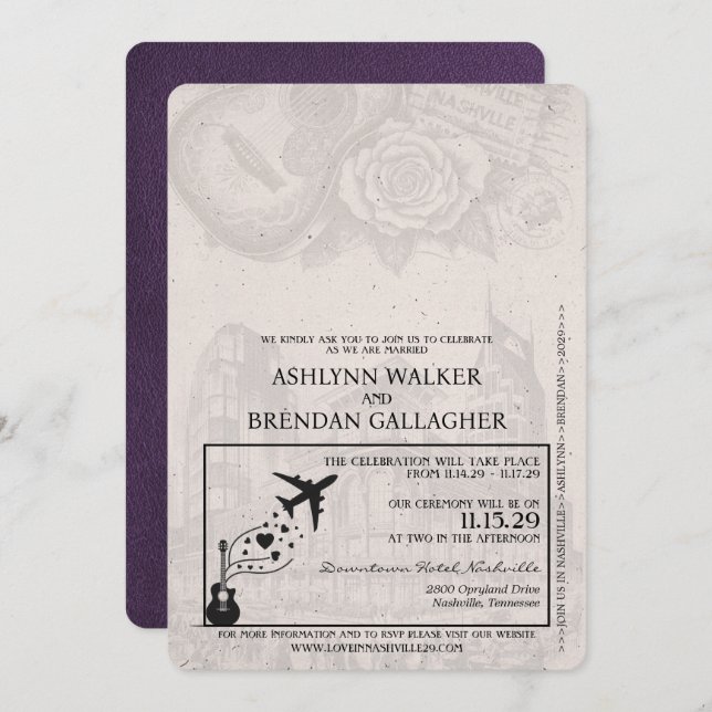 Convites Casamento de Passaporte Violet PurpleNashville (Frente/Verso)