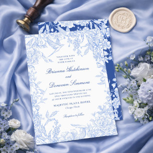 Convites Casamento de Pássaro Botânico Azul e Branco Elegan