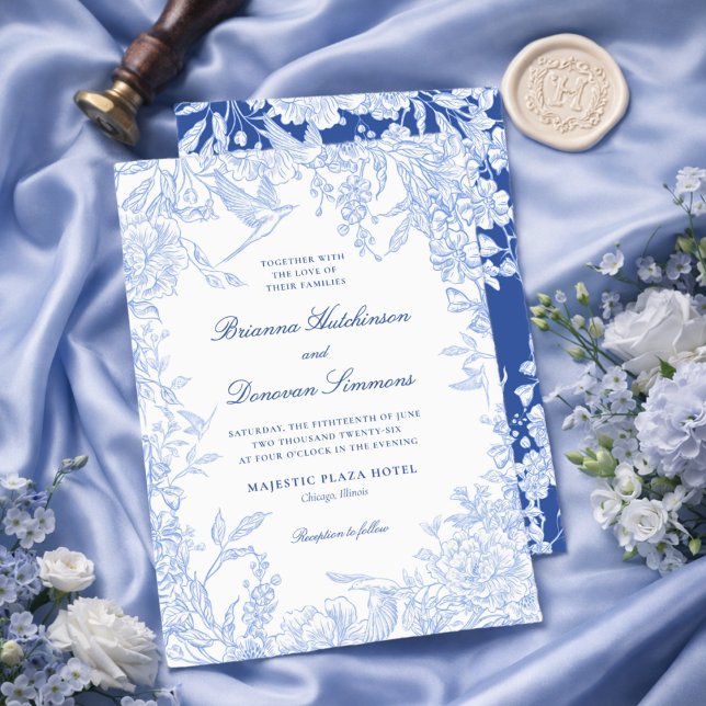 Convites Casamento de Pássaro Botânico Azul e Branco Elegan (Criador carregado)