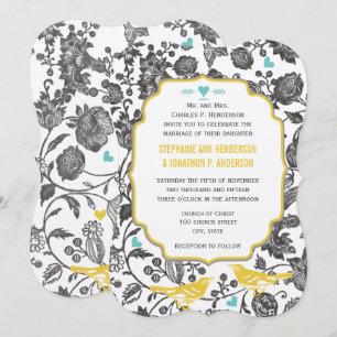 Convites Casamento de Pássaro de Amor Floral Cinza Verde Me