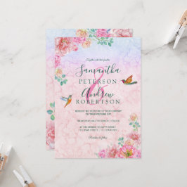 Convites Casamento de pássaro floral em verde e rosa chic e