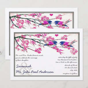 Convites Casamento de Pássaros Amor Rosa e Azul Marinho Flo