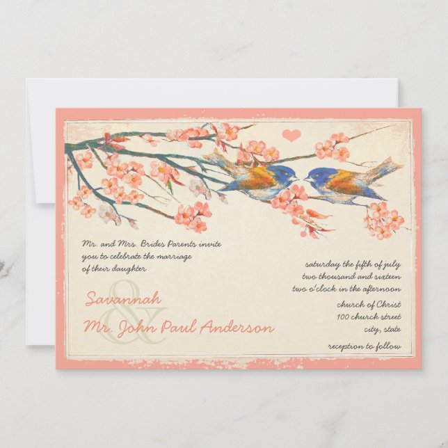 Convites Casamento de Pássaros de Amor Coral Naval Flor de  (Frente)