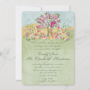 Convites Casamento de Pássaros de Amor Flor Verde Rosa Gira