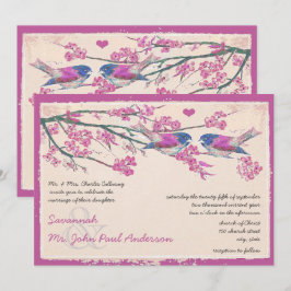 Convites Casamento de Pássaros de Amor Rosa e Azul Cerejeir
