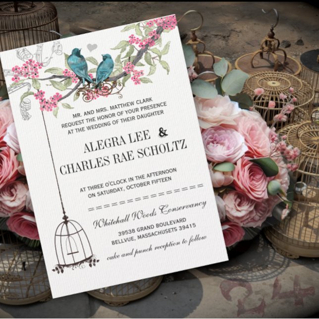 Convites Casamento de Pássaros de Cerejeira Rosa e Turquesa (Criador carregado)