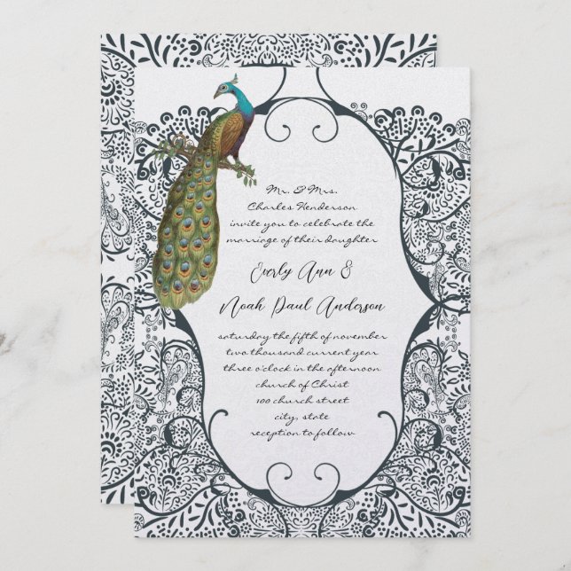 Convites Casamento de Pássaros de Pássaros com Peacock mari (Frente/Verso)