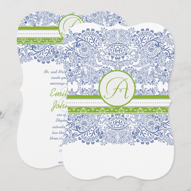Convites Casamento de Pássaros do Amor Azul Royal Maçã Verd (Frente/Verso)