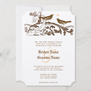Convites Casamento de Pássaros Marrons e Coral Vintage