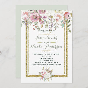 Convites Casamento de Pastel Floral Dourado e Verde Rosa