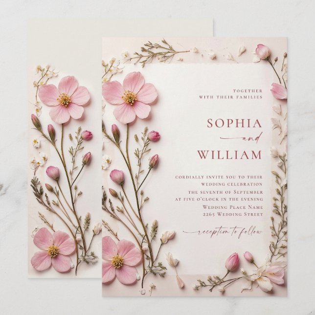 Convites Casamento de Pastel Pink Blush Boho Wildflower (Frente/Verso)