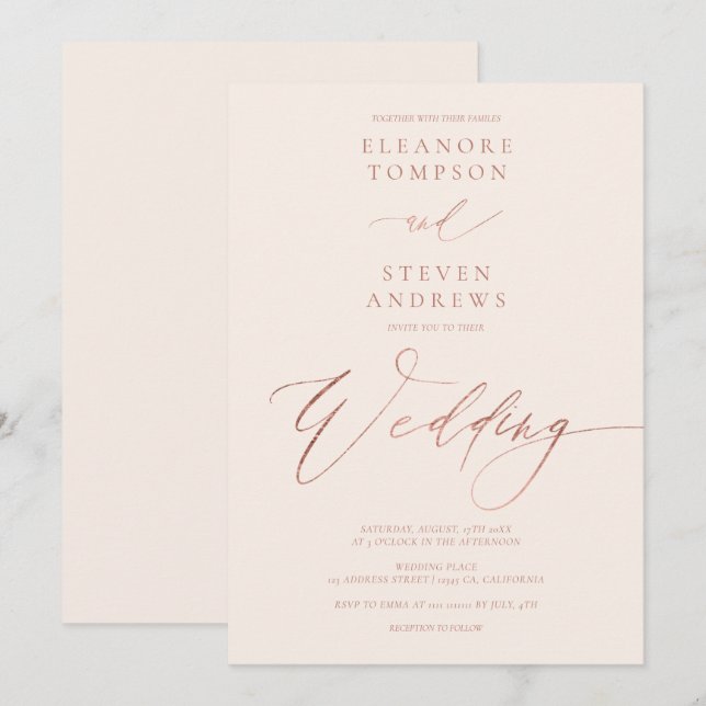 Convites Casamento de pasto de rosa de ouro de chic (Frente/Verso)