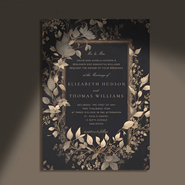 Convites Casamento de Patina Dourada Clássica de Floresta M (moody forest wedding invitation botanical frame black gold vintage elegant classic traditional paren)