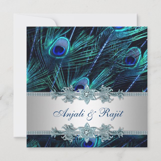 Convites Casamento de Pavão Azul Real e Prata Azul Real (Frente)