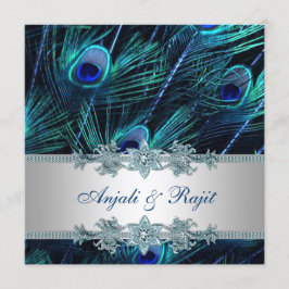 Convites Casamento de Pavão Azul Real e Prata Azul Real