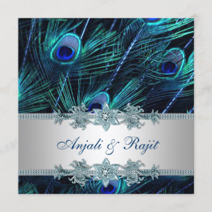 Convites Casamento de Pavão Azul Real e Prata Azul Real